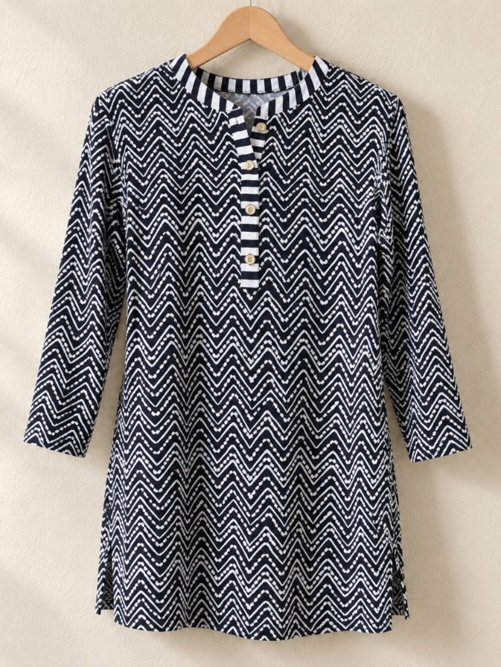 J.McLaughlin Catalina Cloth Tunic Top L Navy White Chevron 3/4 Sleeve